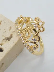 14k Gold Plated Crown Ring for Women, 15th Birthday Gift, Elegant Glittering Ring, Elegant Diamond-Embedded Design, Perfect for Parties and Gifts