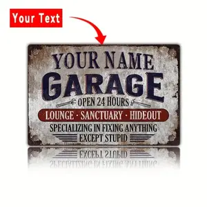 Personalized Heavy Duty Metal Garage Sign Custom Name Text Garage Door Number Vintage Style 24 7 Open Closed Status Plaque Man Cave Workshop Wall Art Funny Auto Shop Decoration Your Name Garage Door Label