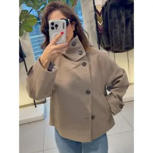 Cropped Wool Jacket Women's Jacket Oversized Brown Coat Asymmetric Button Stand Collar Long Sleeve Jacket Soft Cozy Warm Fabric Jacket Office Wear Outerwears