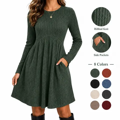 Wiholl Fashion Long Sleeve Dress for Women Crew Neck Empire Waist Tunic Dress with Pockets