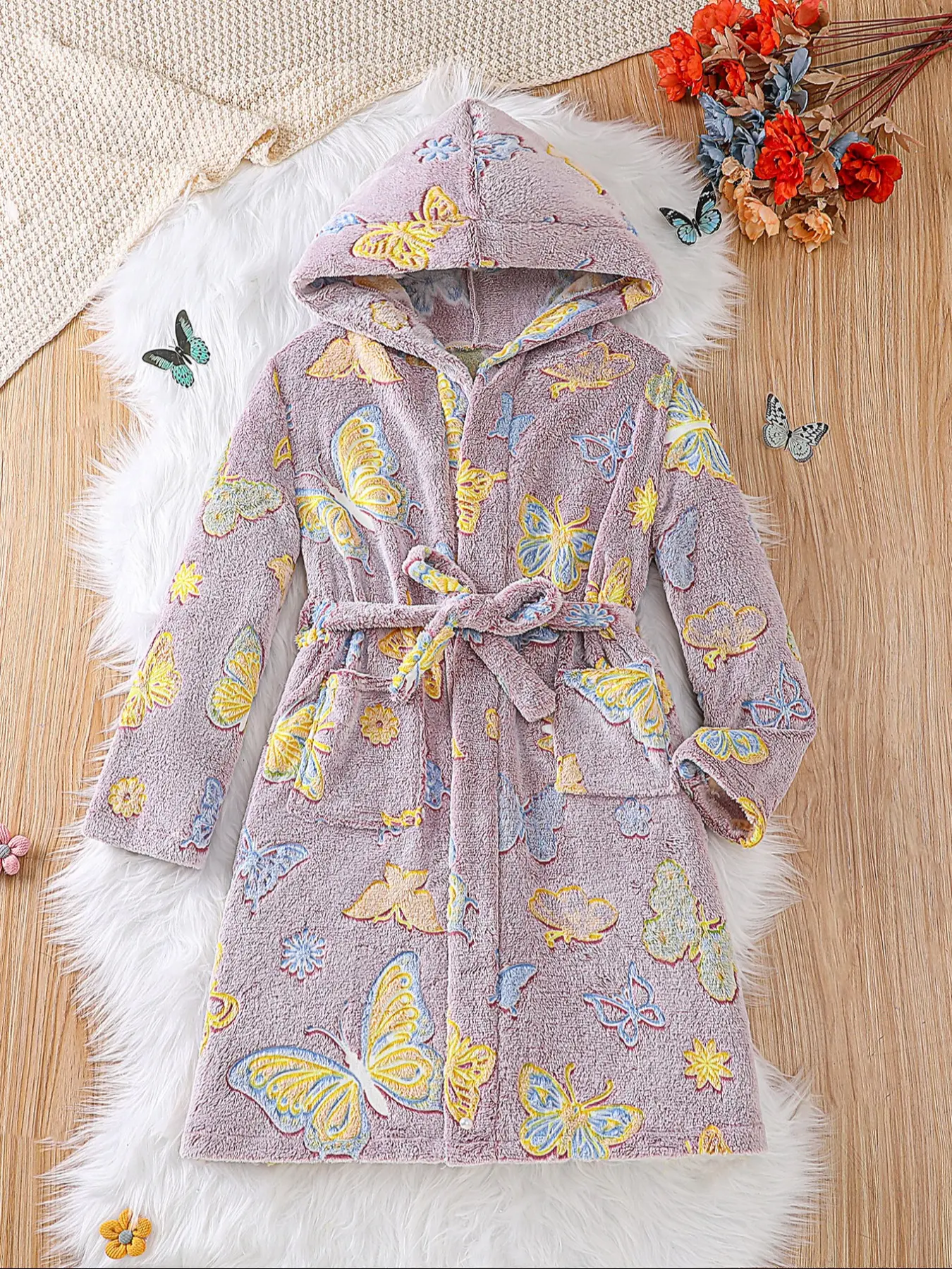 Big boys and girls covered in yellow and blue lines, butterfly glow in the dark plush long sleeved pants, soft and comfortable, skin friendly top, hood, elastic waistband, suitable for autumn and winter casual home wear, pajamas