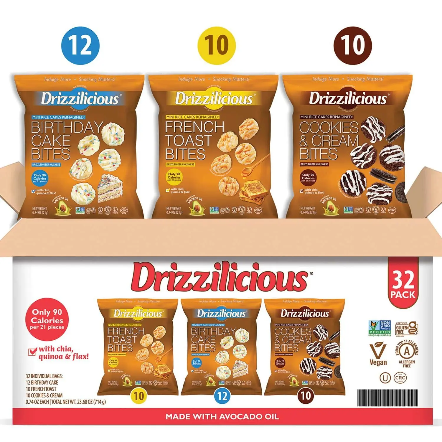 Drizzilicious Mini Rice Cake Snacks, 32-Pack Variety Box | Gluten-Free, Low Calorie Sweet & Salty Snacks