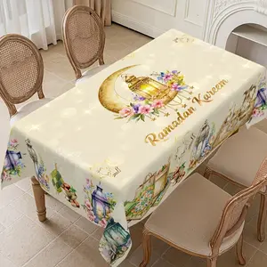 1pc Watercolor Ramadan Kareem Tablecloth, Polyester Florals Moon & Lantern Design, Rectangle Home Kitchen Dining Tablecover, Festive Eid Al-Fitr & Eid Al Adha Party Supplies, Machine Made,  Islamic Muslim Family Gatherings Decor
