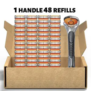 5-Blade Manual Razor, Comfortable Smooth Shaving Handle, Non-Slip Ergonomic Handle, 1 Handle with 48 Blades