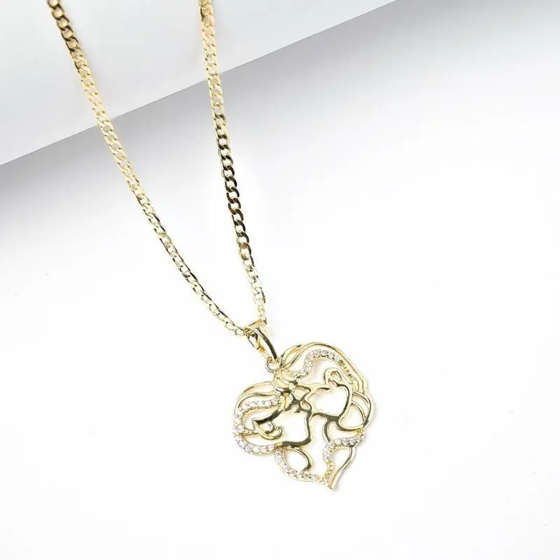 14K Gold Laminated Couple Heart Pendant Necklace with CZ Accents & 2mm Cuban Link Chain for Romantic Gifts