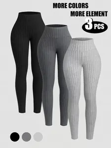 Name 3pcs Women's Solid Color Ribbed Leggings Yoga Running Sports Three-Piece Set Casual Leggings Semi-Sheer Polyester Knit Fabric NH801558 Medium Stretch Rib-Knit Detailing Machine Washable