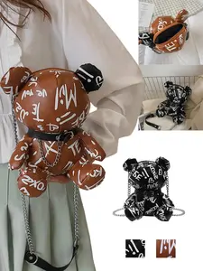 Trendy Letter Print Bear Shoulder Crossbody Bag, Soft Texture PU Material, Cute 3D Bear Design, Crossbody Chain Bag // Options