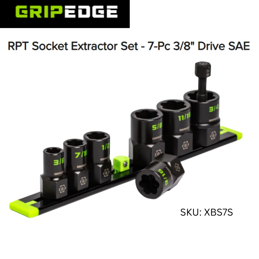 GripEdge RPT Socket Extractor Tool Set - 7-Pc 3/8" Drive SAE, CR-MO Steel, Bi-Directional Push Rod, Sidewall Grip Design, Rpt Series