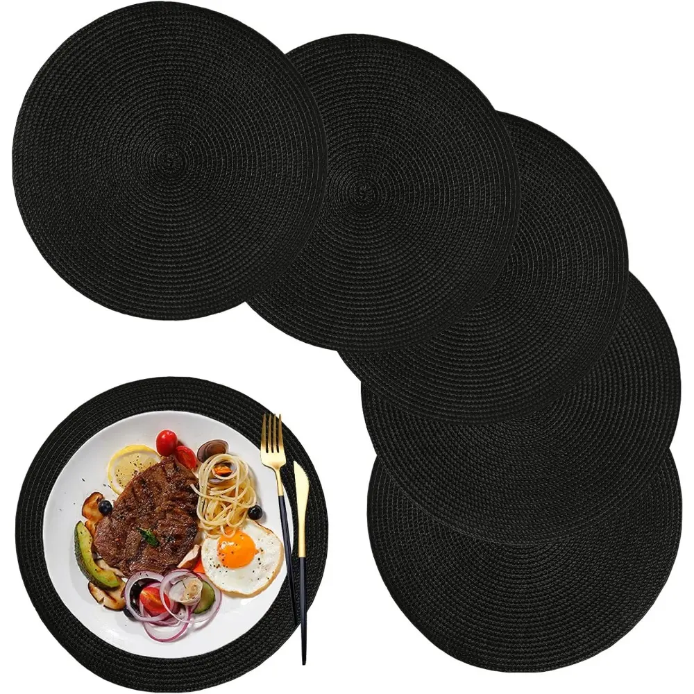 6-Piece Stylish Round Braided Tableware Placemats Set, 12.6in/32cm Polypropylene Plastic Wipeable Placemats, Heat-Resistant, Festive, Ideal for Indoor Coffee Tables, Black Housewarming Gift, Coasters