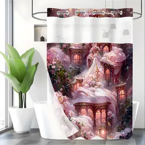 LVRLVR 1pc Romantic Fantasy Castle Rose Shower Curtain with Sheer Top Window, Detachable Liner & No Hook C-Ring, 70.8" x 74"