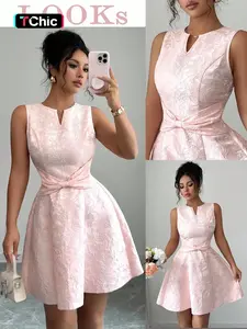 New Women's V-Neck Sleeveless Mini Dress, Floral Embroidery, Bow Design, Elastic Waist, Summer Lightweight Party Dress, Sweet Style, Womenswear, Dresses for Party