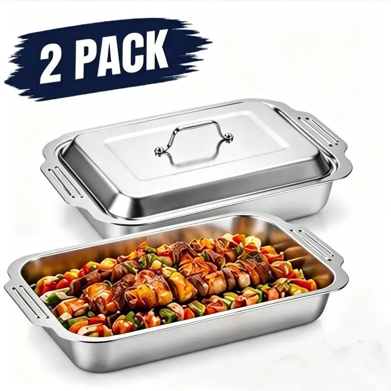 2-Pack Stainless Steel Rectangular Baking Trays with Lids, Extra-Large Roasting Pan Set for Oven Baking, BBQ, Seafood and Family Serving.