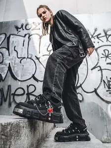 High-End Dad Shoes New Metal Punk Style Men's Height-Increasing Thick Sole, Fashionable Patchwork Derby Shoes, Unisex Casual Footwear