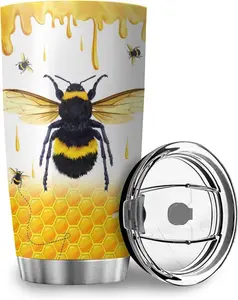 20oz Portable Insulated Stainless Steel Bee Tumbler with Lid - Powder Coated Kitchenware Drinkware, for Indoor Use, Camping - Coffee, Tea Beverage Cup, Insulation