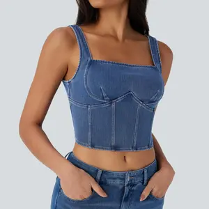 Halara Flex Square Neck Backless Corset Cropped Stretchy Knit Denim Casual Tank Top