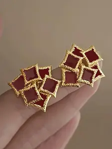 This pair of retro and elegant, light luxury and high-end, geometrically spliced design wine red glazed ear studs is suitable for women's daily wear at balls, banquets, parties and festivals High Quality Earrings