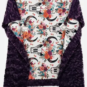 57x76 Western Floral Skull Embroidery Print on Tuscany Berry Large Minky Blanket