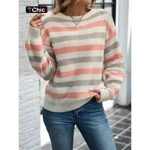 Women's Striped Print Drop Shoulder Sweater, Casual Long Sleeve Round Neck Jumper for Fall & Winter, Fashion Ladies' Knitwear for Daily Wear