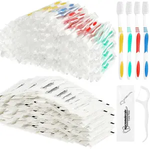 300 Pcs Lightweight Durable Plastic Oral Toothbrushes, Individually Wrapped Bulk Set with 100 Dental Floss for Daily Use