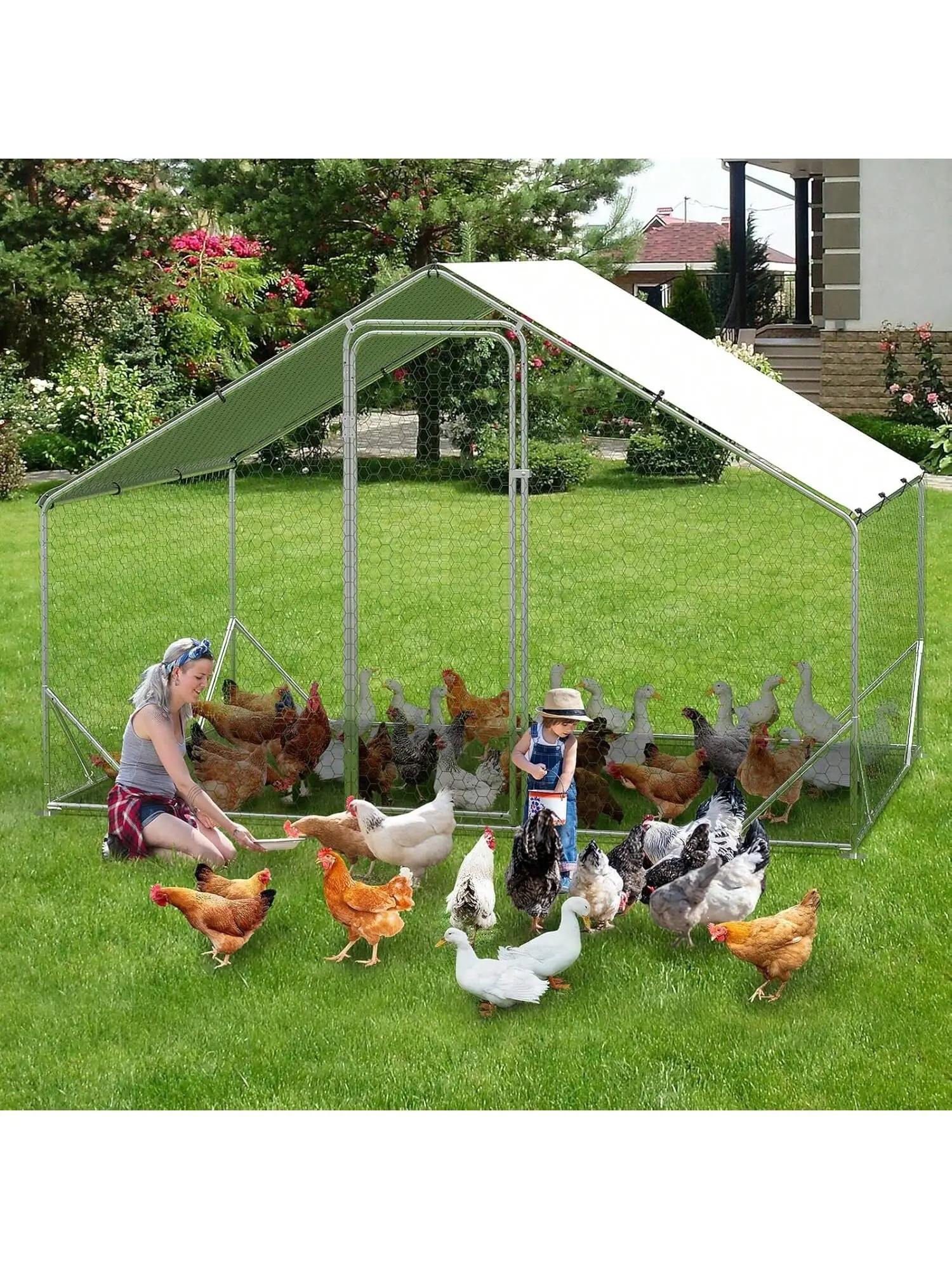 Gaomon Silver-L Galvanized Steel Spire-Roof Poultry Cage - Large Predator-Safe Outdoor Farm Pen with Hexagonal Mesh, Oxford Fabric Weatherproof Anti-Ultraviolet Cover, Durability, Easy Installation, Ample Space for Chickens, Sheep, Tortoises