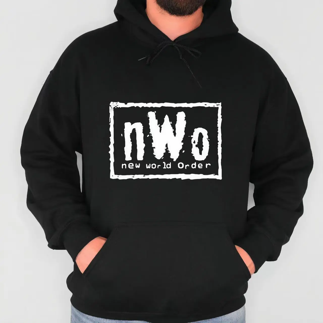 Classic Pullover Hoodie with Retro nWo New World Order Graphic, Unisex 90s Look Long Sleeve Top in a Soft Cotton Blend Fabric, Tops, Retro Style, Casual Ootd, Short, Scoop Neck, Male, Comfy Ootd, Sweatshirt, Menswear, Short Sleeve, Digital Print