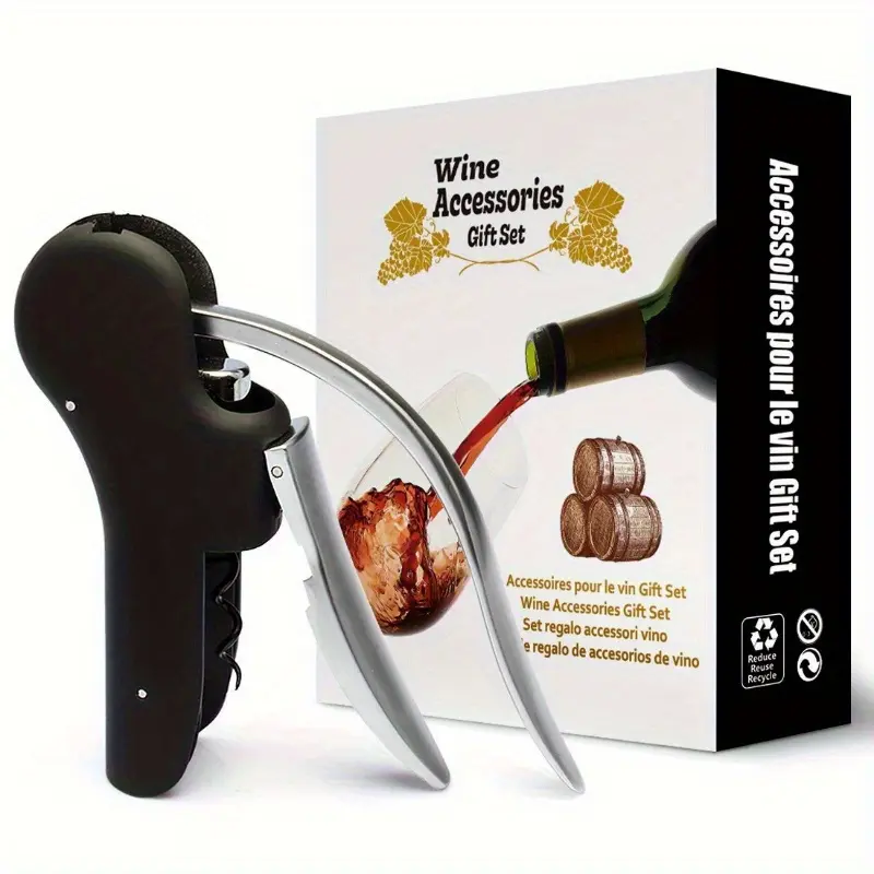 Multifunctional Wine Bottle Opener - Vertical Lever Corkscrew with Built-in Foil Cutter, Professional Manual Wine Cork Remover, Zinc Alloy with Wood Handle, Elegant Gift Box (Black)