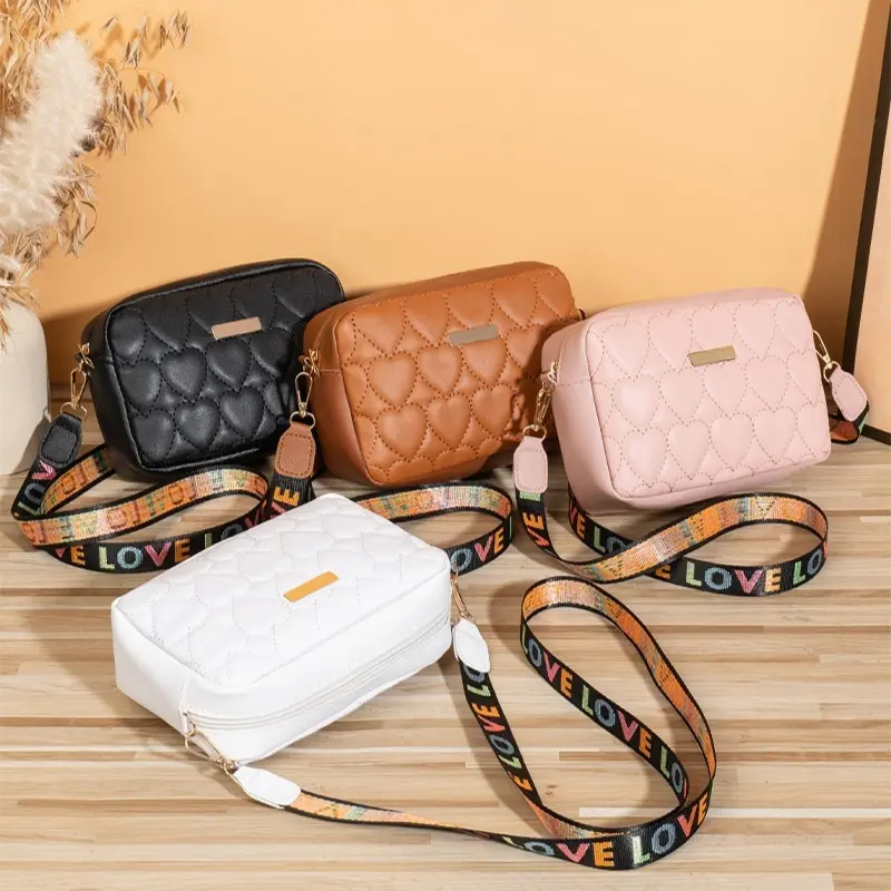 Women's PVC Shoulder Bag with Embroidered Hearts - Horizontal Shape, Shoulder Strap, Crossbody Design for Everyday Use (Bags for Everyday)