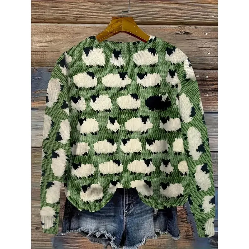 2026 Sheep Pattern Round Neck Sweater, Autumn Winter Casual Long Sleeve Sweater, Women's Clothing Fabric Knitted Top Print Knitwear WoMenswear, DailyEssential, WardrobeEssential, EverydayLook, EssentialBasics