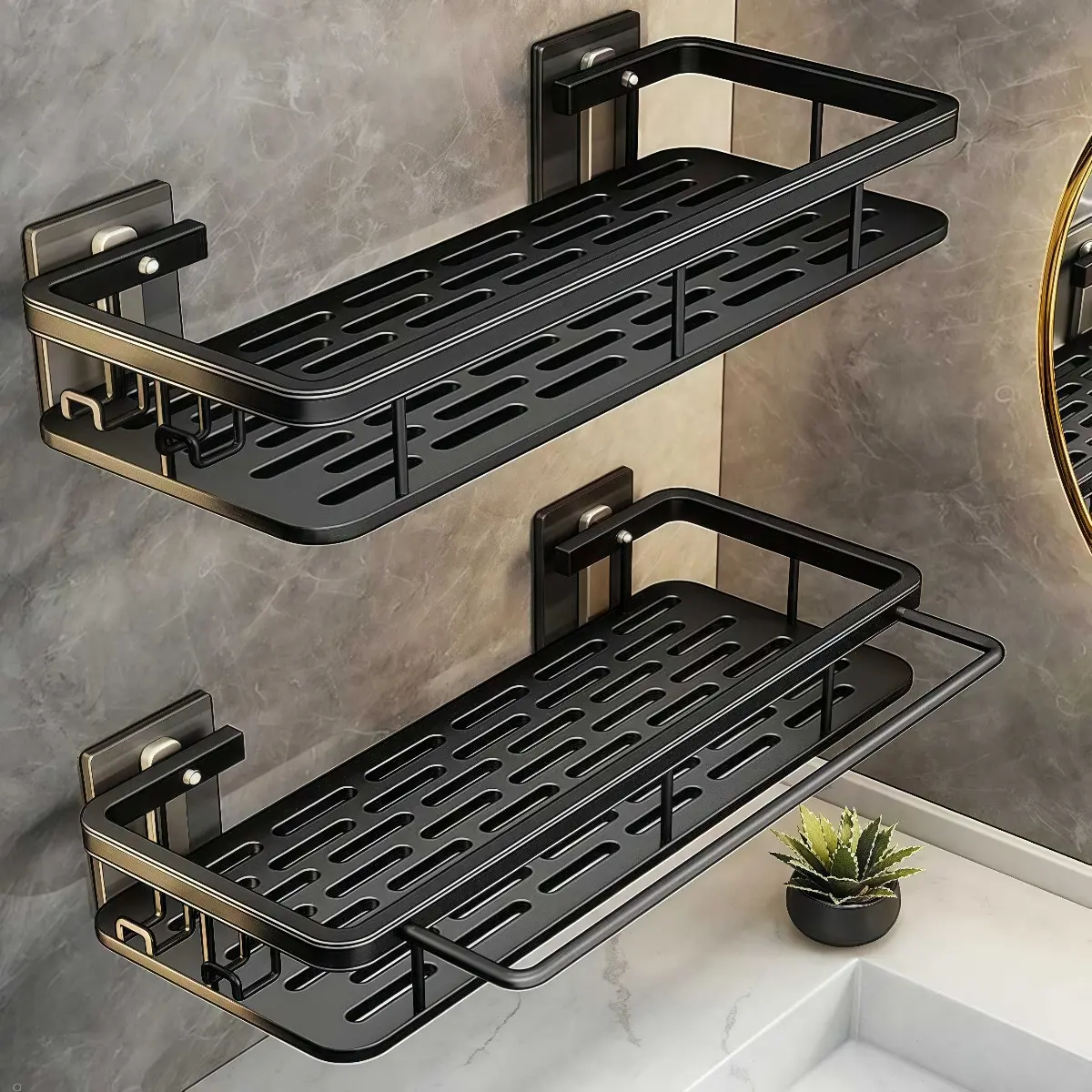 Rustproof Aluminum Shower Caddy with Towel Bar | No-Drill Adhesive Mount for Bathroom & Kitchen, Multi-Purpose Organizer