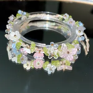 Handmade Adjustable Macrame Crystal Rough Stone Woven Little Pink Flower Bracelet