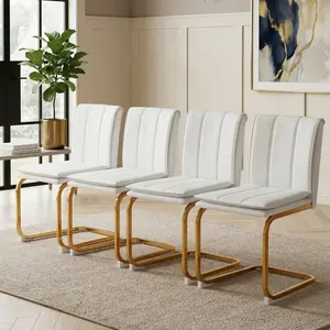 Modern Dining Chairs Set of 4, PU leather white kitchen chairs, restaurant chairs, suitable for kitchens, living rooms, bedrooms, and offices, and metal legs, Golden