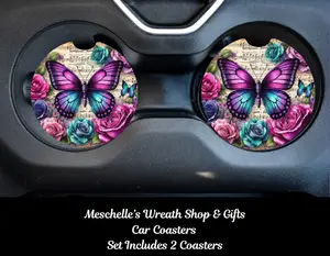 2-Piece Colorful Art Butterfly Music Car Coasters, Neoprene/Ceramic Spill-Proof Car Interior Accessory, Standard Cup-Fitting Cup Protector, Stylish Functional Decoration