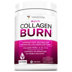 Vitauthority Hydrolyzed Collagen Burn Powder for Cellulite & Skin - Caffeine-Free Multi Collagen Peptides for Women - Types I II III V & X - 30 Servings - Unflavored