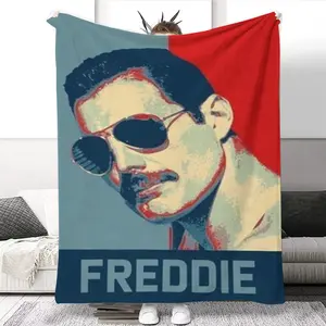 Freddie Mercury Portrait Flannel Blanket - Soft and cozy with bright colors and vintage design for home, travel or gift | Vintage Pop Art Warmth Decoration