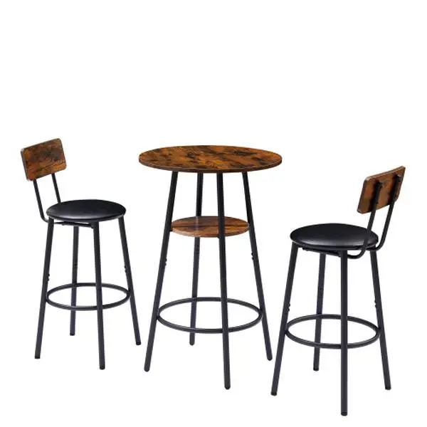 Spaco 3-Piece Classic Rustic Wood Indoor Round Top Counter Height Bar Table Set - Aluminium Pub Bistro Table with 2-Tier Additional Storage Space, Ergonomic PU Leather Upholstered Backrest Barstools for Small Kitchens, Assembly Required, Sturdy