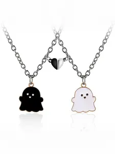 2Pcs Lovely Magnetic Love Heart Ghost Pendant Necklace Set Charms Necklace for Women Men Best Friend Enamel Mutual Attract Magnet Couple Matching Necklace Halloween Jewelry Birthday Gift