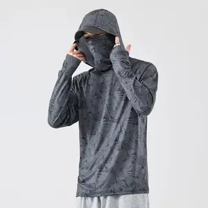UPF50+ Mens Ice Silk Sun Protection Hoodie Long Sleeve UV Fishing Shirt, Lightweight Quick Dry Cooling Sun Hoodie with Built-in Face Mask, Breathable Moisture Wicking Outdoor Hiking Beach Running Tee