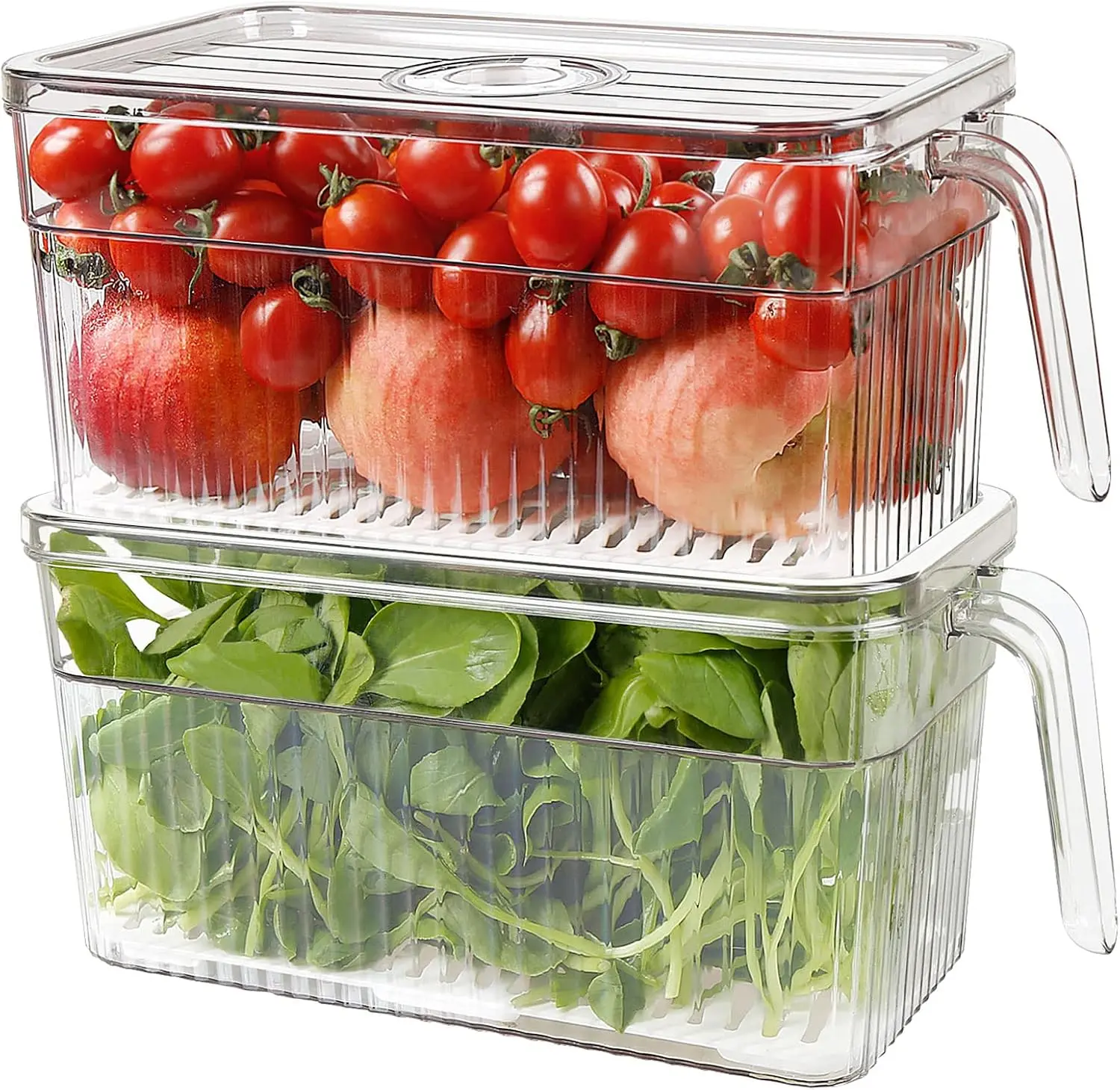 2 Pack Plastic Food Storage Produce Containers for Fridge, Stackable Lettuce Keeper for Refrigerator with Removable Drain Tray Keep Fresh for Vegetables/Fruit/Berry/Salad