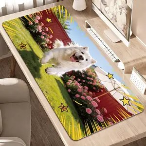 Premium White Fluffy Dog Running In Sunny Garden With Pink Roses And Comic Style Stars High Quality Mouse Pad Modern Office Gaming Comfort Experience Non?Slip Durable For Daily Work And Play 40*80 Size.