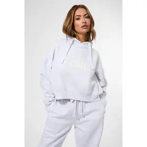 Kaiia Puff Print Cropped Oversized Hoodie Ash Grey Marl