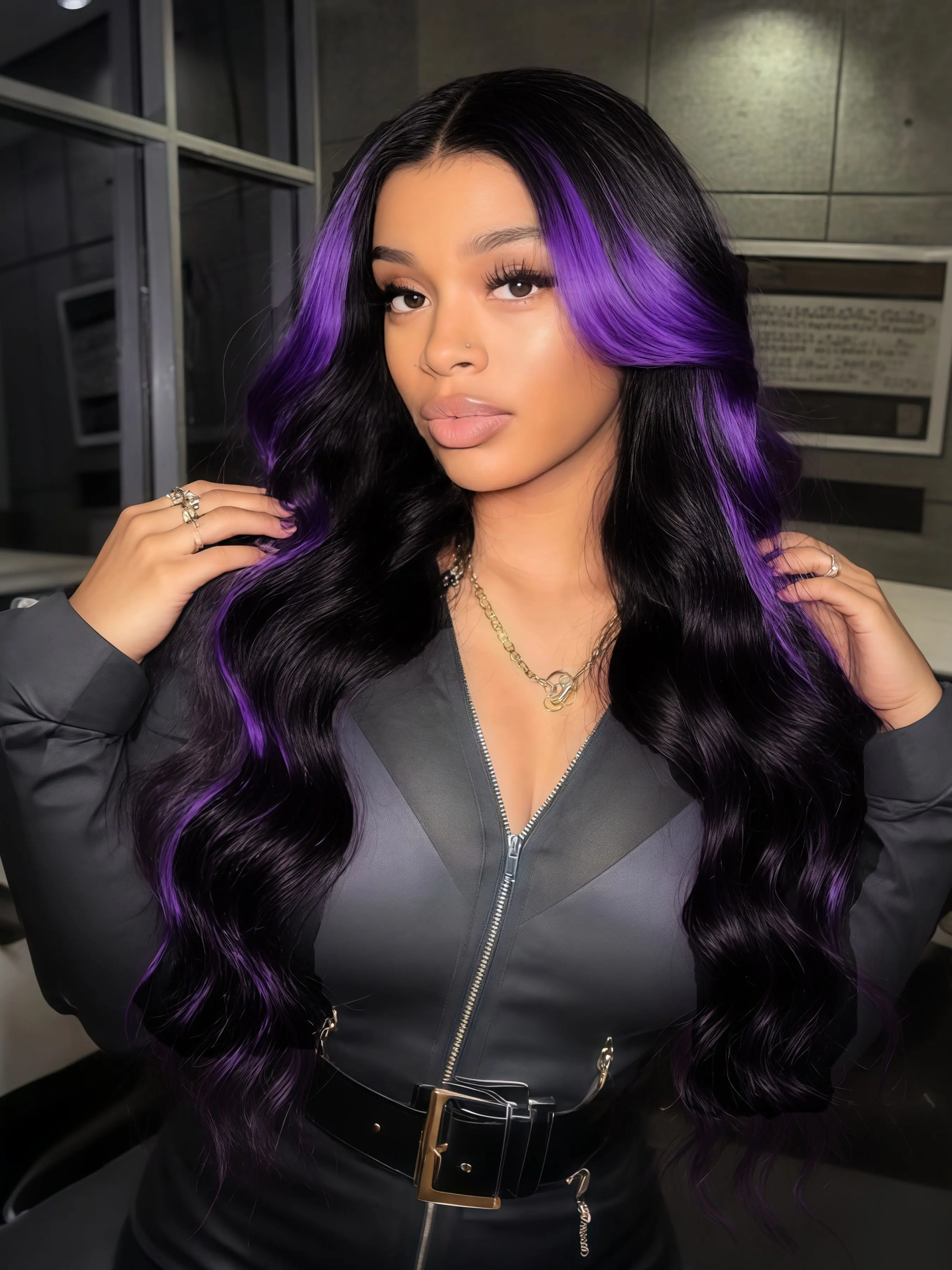 Black Purple Highlight 13x4 Lace Front Wig Body Wave Synthetic Wig Free Part Natural Hairline Heat-Resistant Fiber for Women Daily Wear 28 Inches Lace Frontal Wig