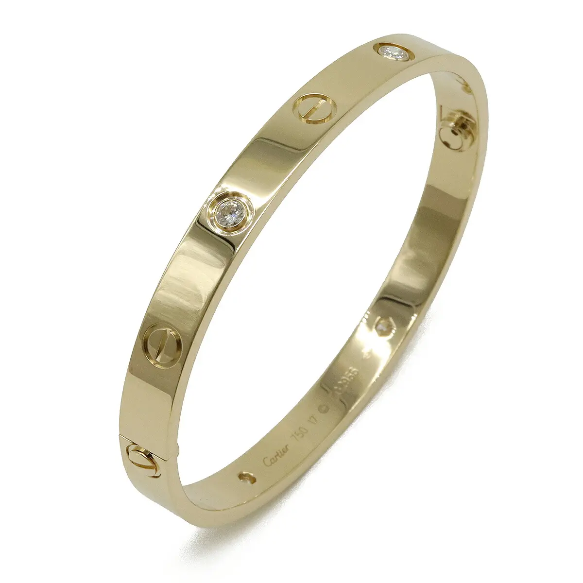 Pre-owned Cartier 18K Yellow Gold (Au750) Small Leather Goods LOVE Au750 Diamond Bracelet Size 17