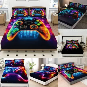 3-Piece Game Controller Bedding Set, Includes Fitted Sheet & Pillowcases, Breathable Polyester Fiber, All Seasons, Gaming Theme