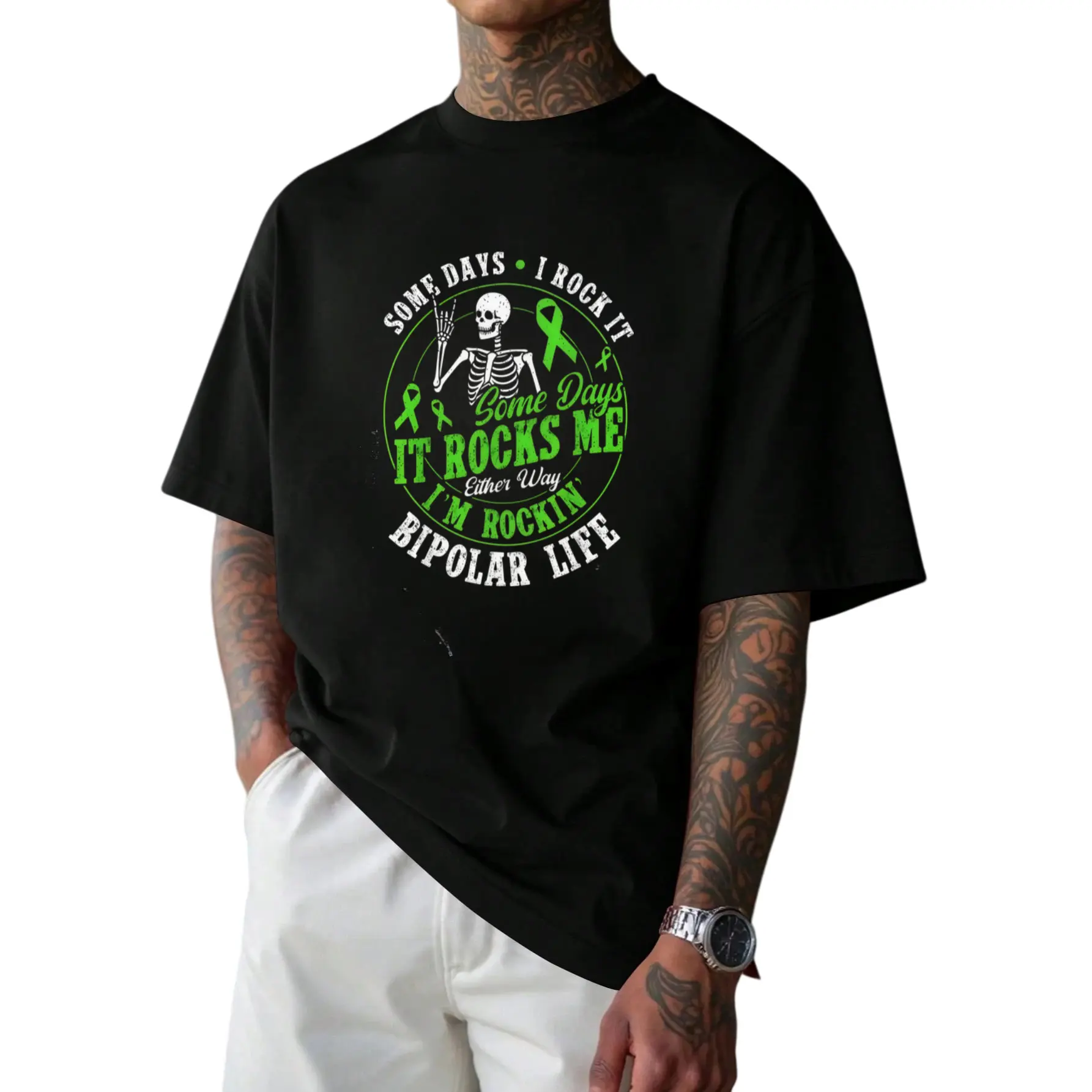 Men' Bipolar Warrior T-Shirt - Vintage Mental Awareness Tee with Bipolar Disorder, Retro Round Neck Casual Shirt Suitable for - Wear, Conversation Starter for & Mental