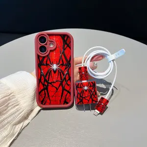 5 Piece Set Wine Simple Design Spider Phone Case, Charger Head Cover, Cable Protector, Storage Rope, Tpu Anti-Drop Protection