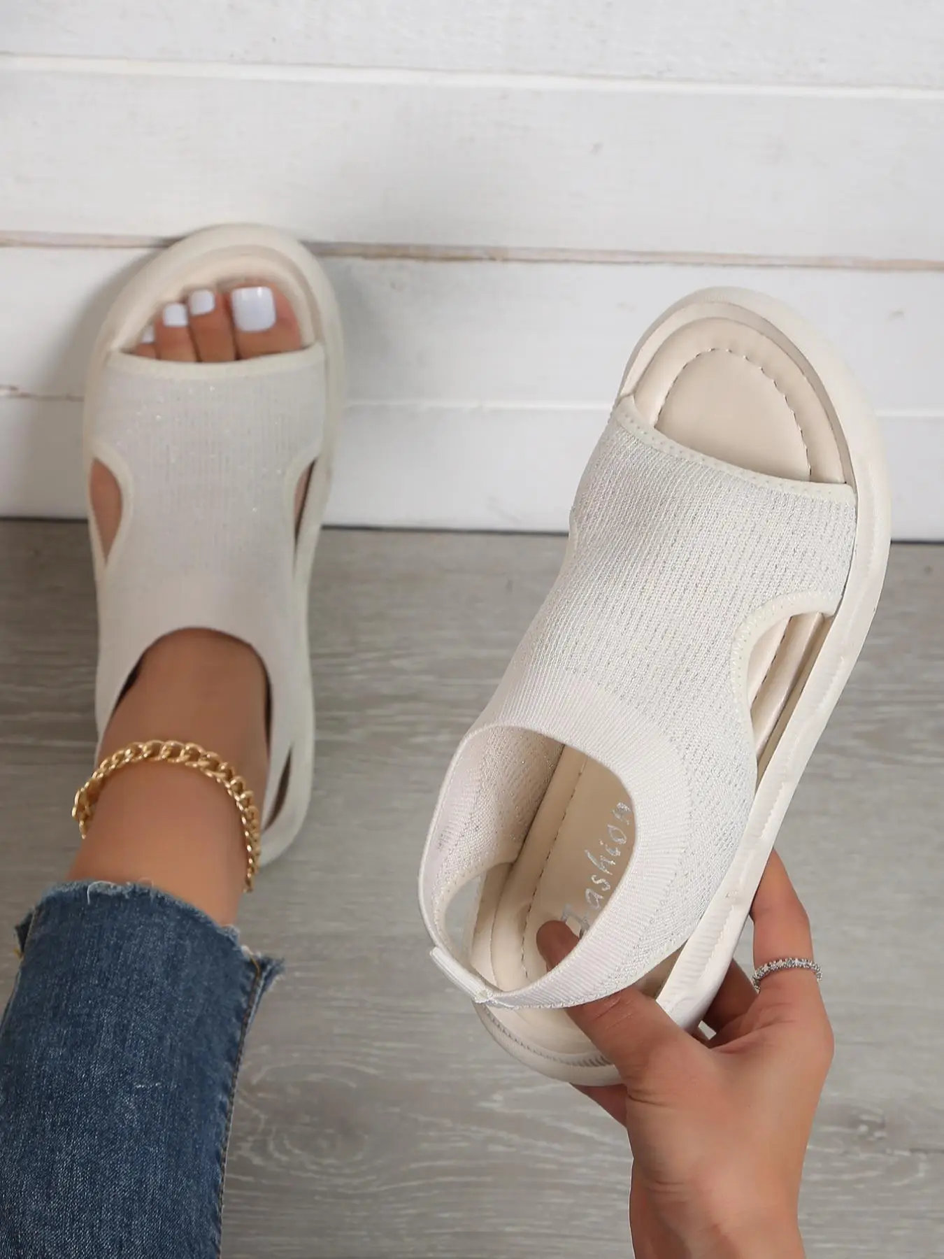 Women's Fashionable Casual Plain Round Toe Sports Sandals, 2024 Summer Platform Shoes, Simple Sports Sandals, Hollow Out Design Breathable Peep Toe Sp