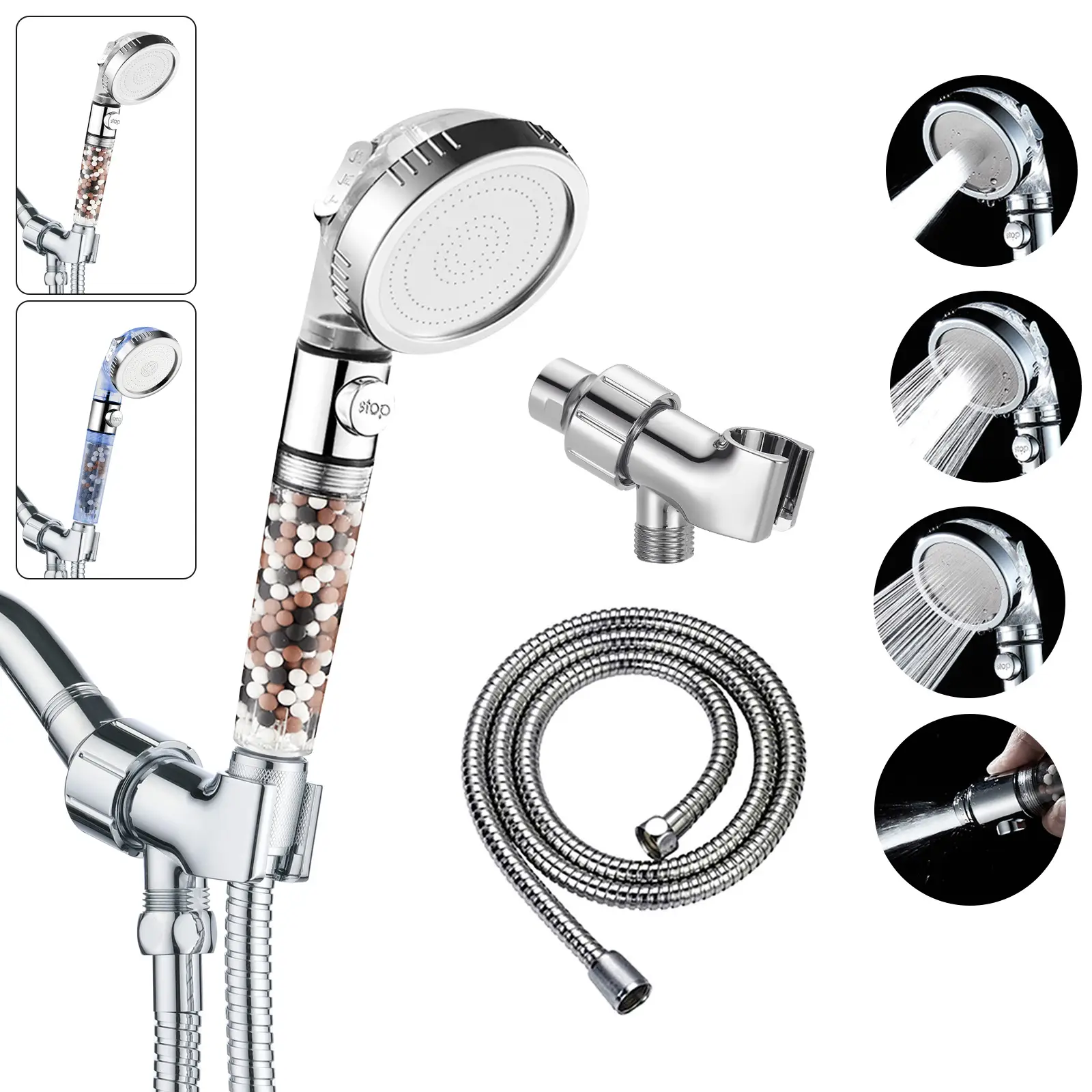 Filtered Shower Head with ON/OFF Switch, High Pressure Handheld Shower Head with 3 Spray Modes, Ghetto Showerhead, Buena Shower Head, Detachable Showe