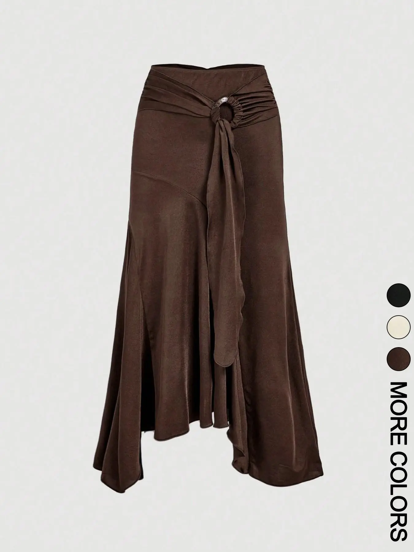 Women's Vintage Elegant Aesthetic High-Waist Fit Midi Knit Skirt with O-Ring Detail, Ruched Asymmetric Flared Ruffle Hem Skirt for Daily and Party Wear