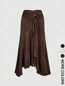 Women's High Waist Midi Skirt, O-Ring Tie Front Detail, Ruched Back Waist, Asymmetric Flared Ruffle Hem, Smooth Draped Knit Fabric, Daily Commute Date Evening Party Wear, Vintage Elegant French Chic Aesthetic Style