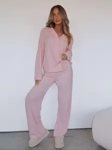 Two-piece Set Women's Solid Long Sleeve Top & Pants Pajama, Casual Comfy Top & Trousers Pj Set, Women's Sleepwear for Fall & Winter